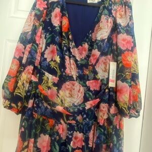 Eliza J Navy and Floral Puff Sleeve Dress